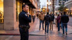 uniformed police officer with radio and duty belt monitoring pedestrians on city sidewalk