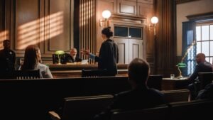 A criminal defense attorney stands in a courtroom while discussing a federal criminal case in Arizona.