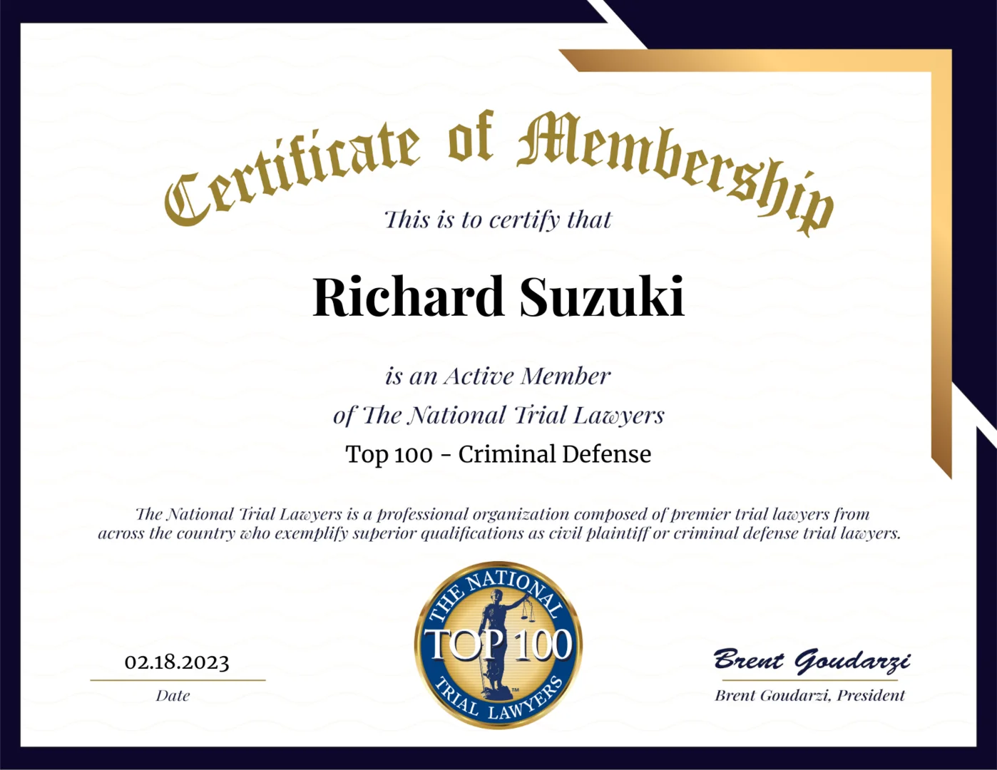 Certificate of Membership - Richard Suzuki - Top 100 Lawyers 2023